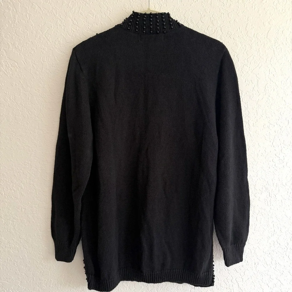 Vtg Womens Sweater XL Black Beaded Rhinestone Mock Neck Cotton Ramie Party 80s